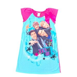 Nickelodeon Big Time Rush Nightgown Kids M 7/8 Pink Blue Graphic Bow Pajamas y2k